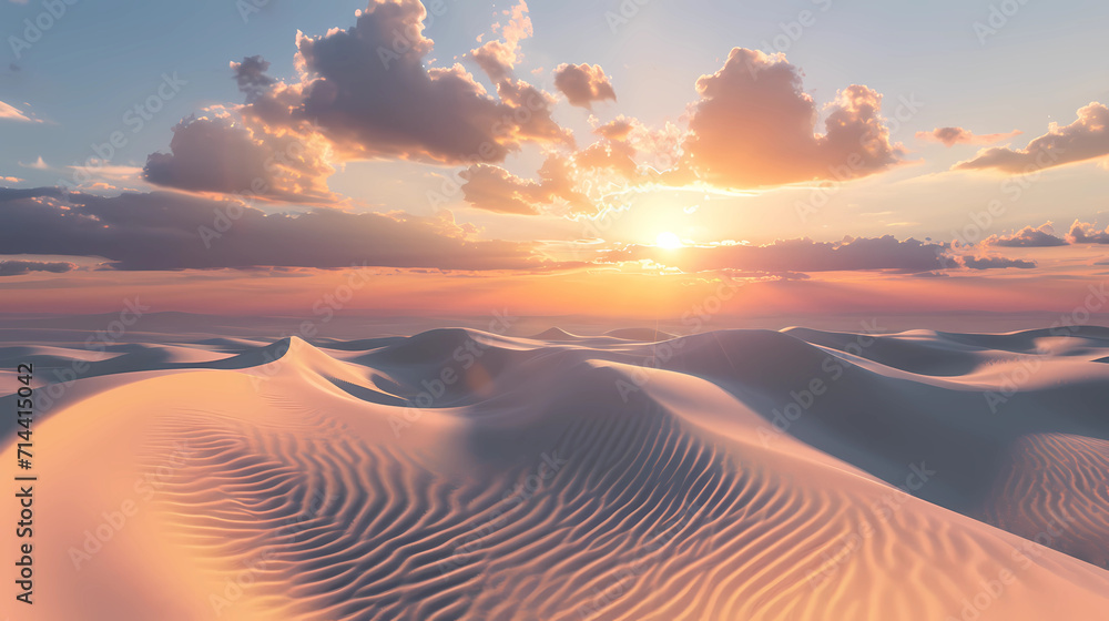 A desert scene with vast sand dunes and a blazing sun