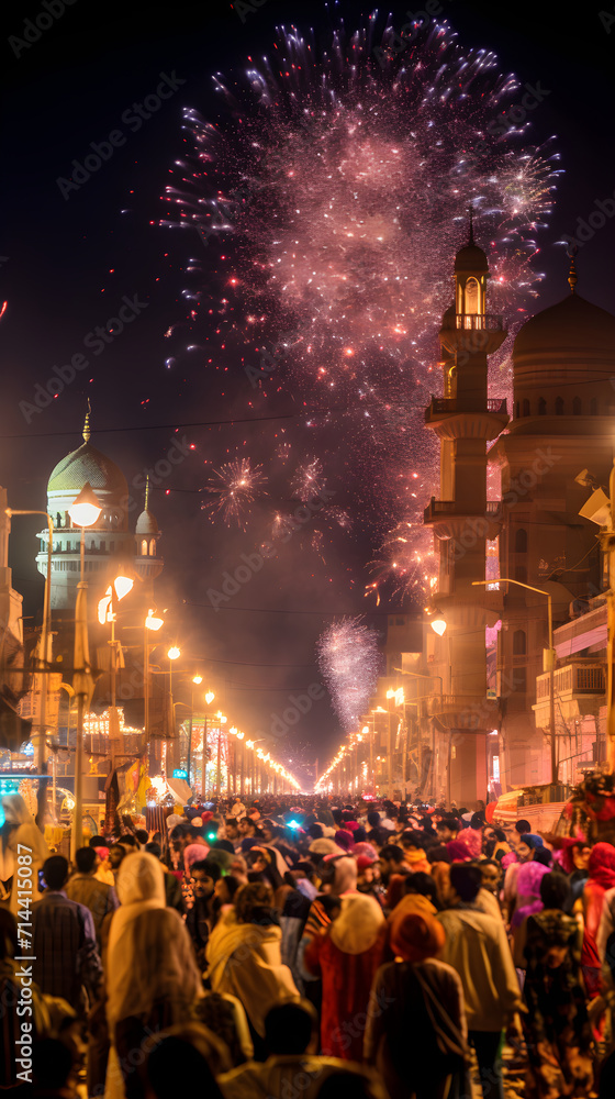 Vibrant Street Scene during the Celebration of Eid Festival: Unity, Joy, & Diversity in Islam