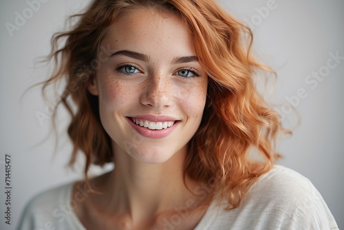 Mujer joven, peliroja, de sonrisa perfecta, sobre fondo blanco photo