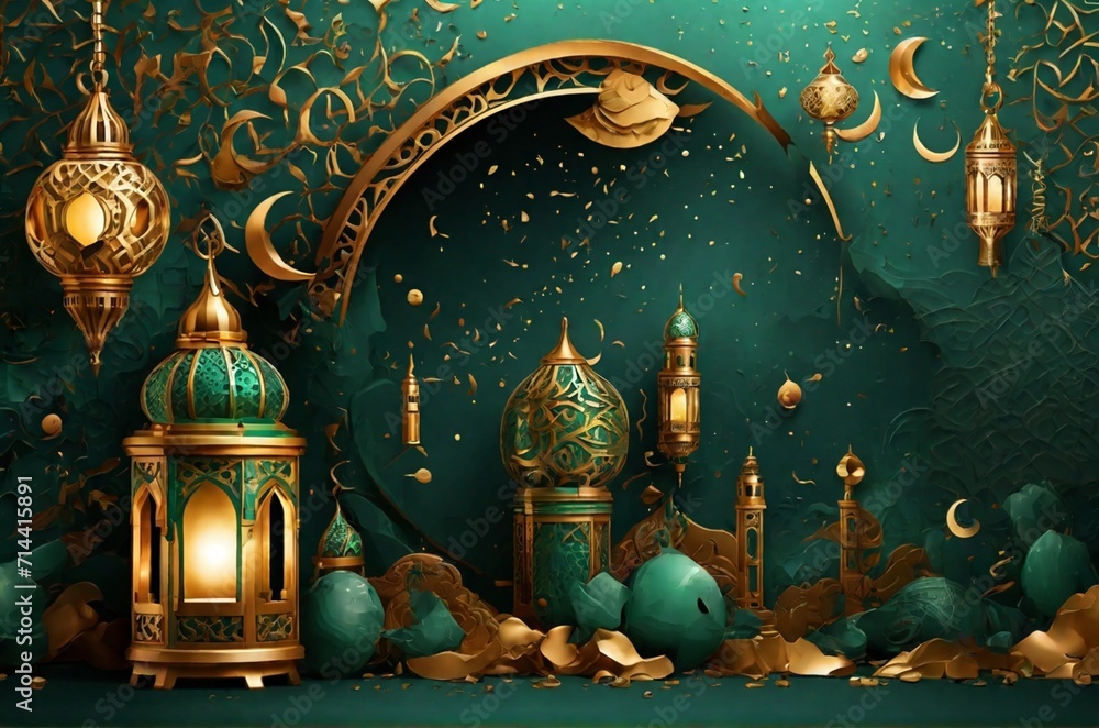 golden lantern arabic green Islamic design background. Universal ramadan kareem banner background with lantern, moon, islamic pattern, mosque and abstract luxury islamic elements golden lantern arabic green Islamic design background. Universal ramadan kareem banner background with lantern, moon, islamic pattern, mosque and abstract luxury islamic elements