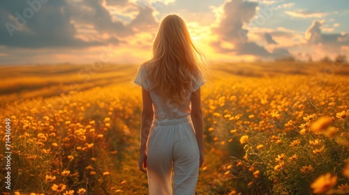  a woman standing in a field of sunflowers with the sun behind her and the sun shining through the clouds over the field of yellow flowers in the foreground. © Anna