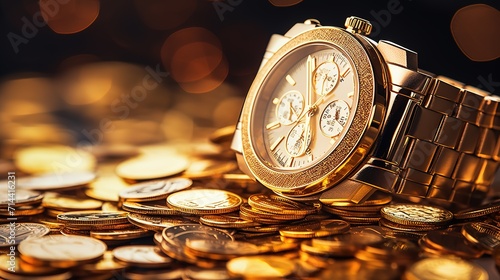 A pile of gold coins with a wrist watch on top of it photo