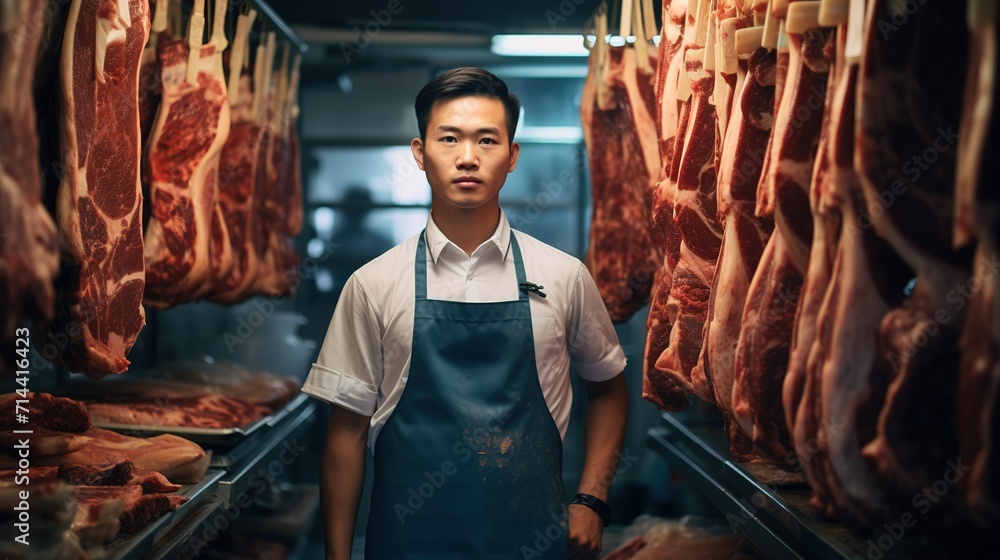 Portrait of A happy young male butcher standing with arms crossed in modern meat shop. Generative Ai Portrait of A happy young male butcher standing with arms crossed in modern meat shop. Generative Ai