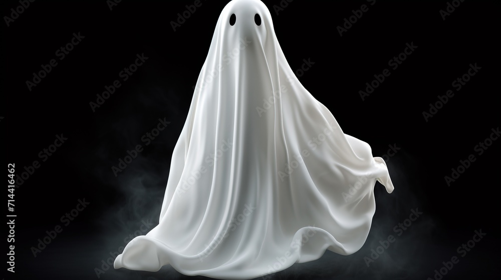 A close up of a white ghost halloween object with a black eye on a black background generative ai