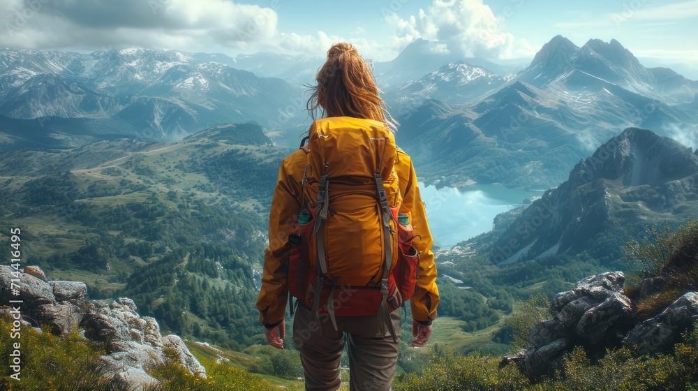  a woman in a yellow jacket is looking at the mountains and a lake from the top of a hill with a view of a valley and mountains in the distance.