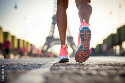 close up of a runners feet as they race towards the Eiffel tower in Paris. Summer sports athletics