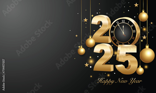 Happy new year 2025. 3d gold numbers with golden Christmas decoration and confetti on dark  background. Holiday greeting card design.