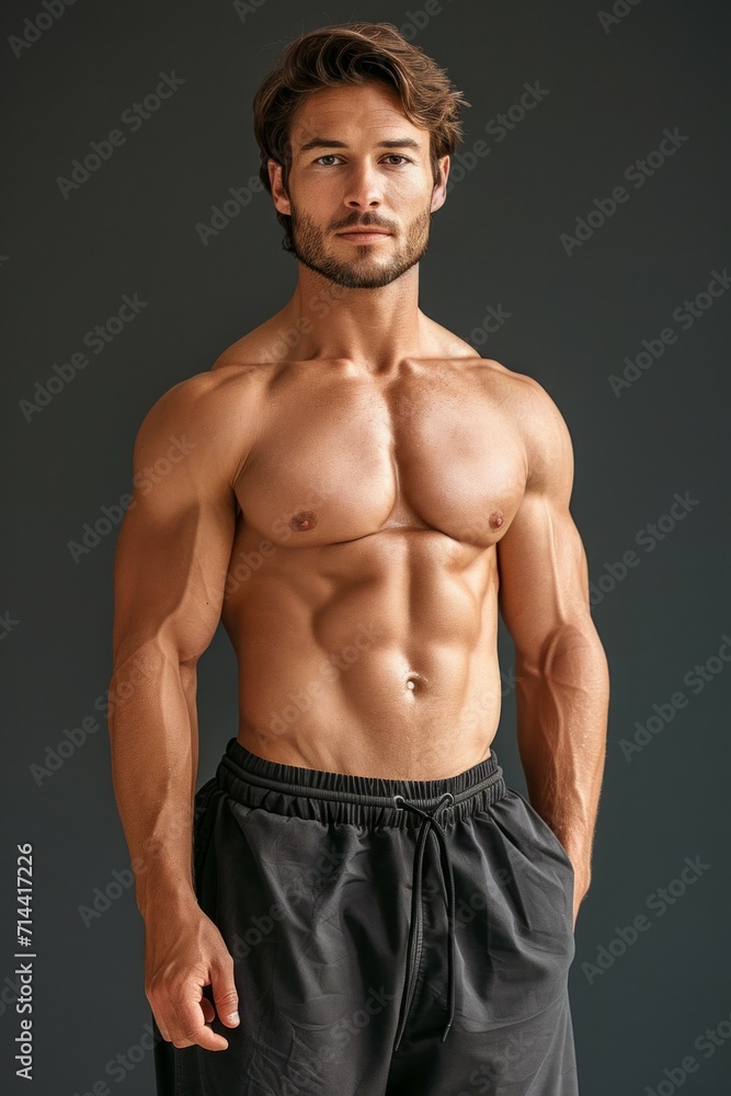 Brutal man with pumped up muscles, vertical portrait. Background with selective focus and copy space