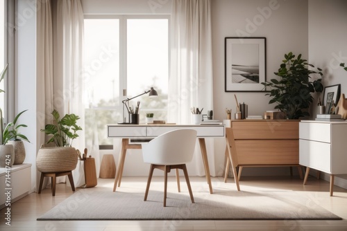 scandinavian interior home office design room with comfortable home workplace with a wooden drawer writing desk and a chair near the window