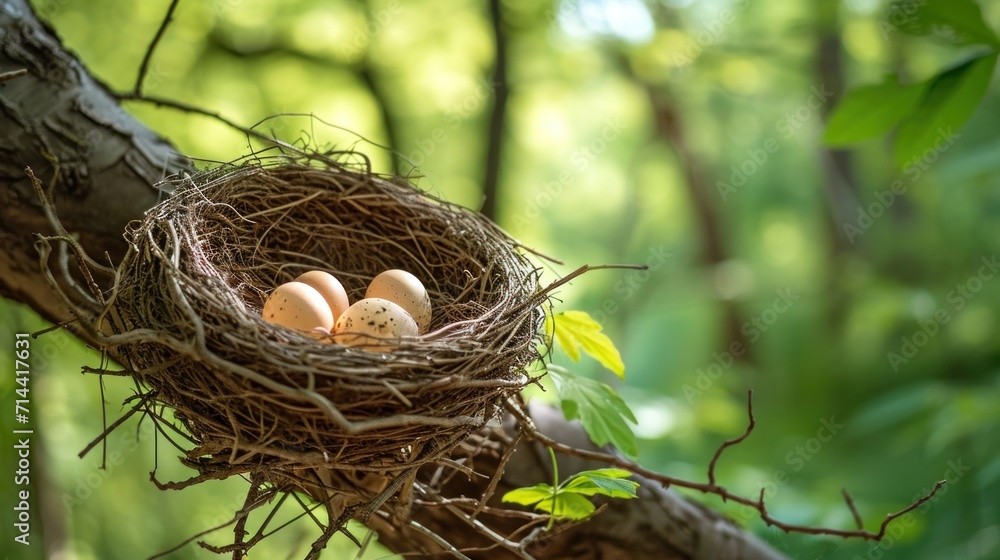 a bird's nest with three eggs in the middle of a tree branch with green leaves on the other side of the nest, on a sunny day in the woods. a bird's nest with three eggs in the middle of a tree branch with green leaves on the other side of the nest, on a sunny day in the woods.