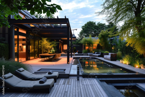 Foto a lavish side outside garden at morning, with a teak hardwood deck and a black pergola