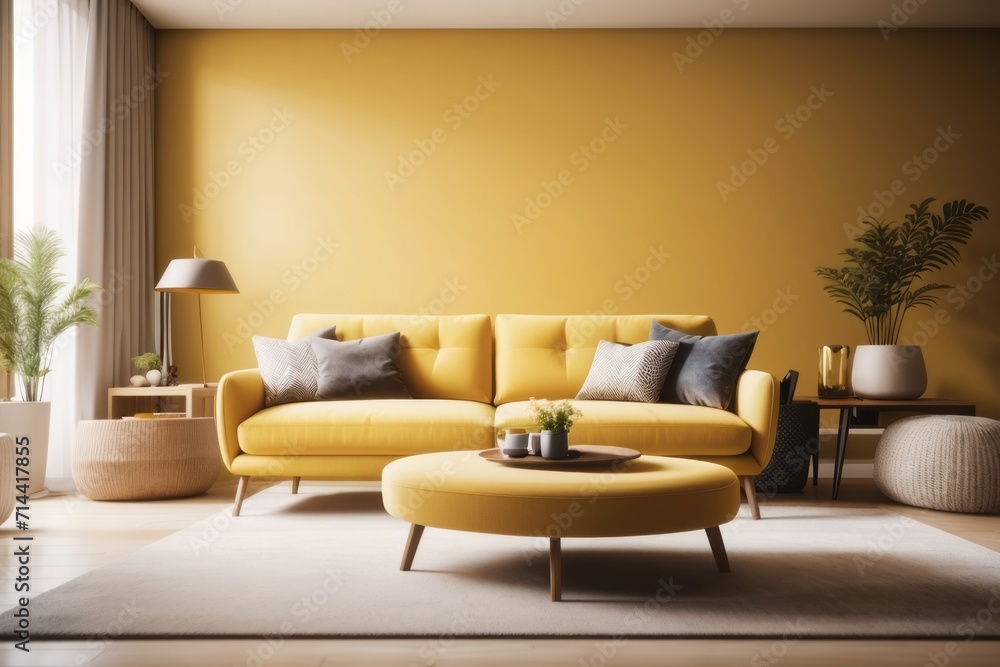 Interior home design of modern living room with yellow sofa and round table with green wall Interior home design of modern living room with yellow sofa and round table with green wall
