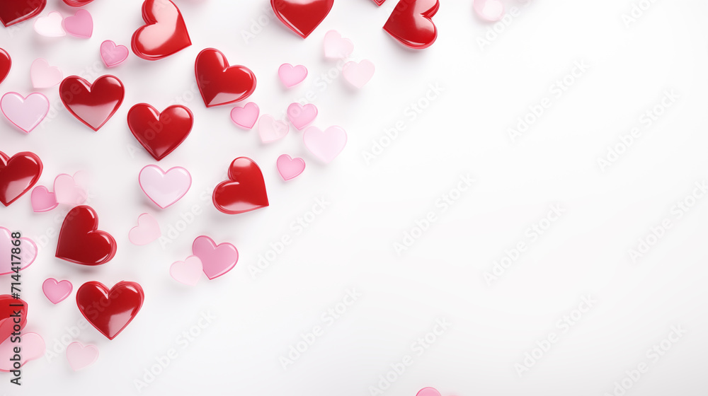 Valentines day themed background shiny red white pink hearts white background 