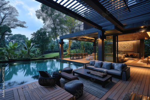 a lavish side outside garden at morning  with a teak hardwood deck and a black pergola. Scene in the evening with couches and lounge chairs by the pool