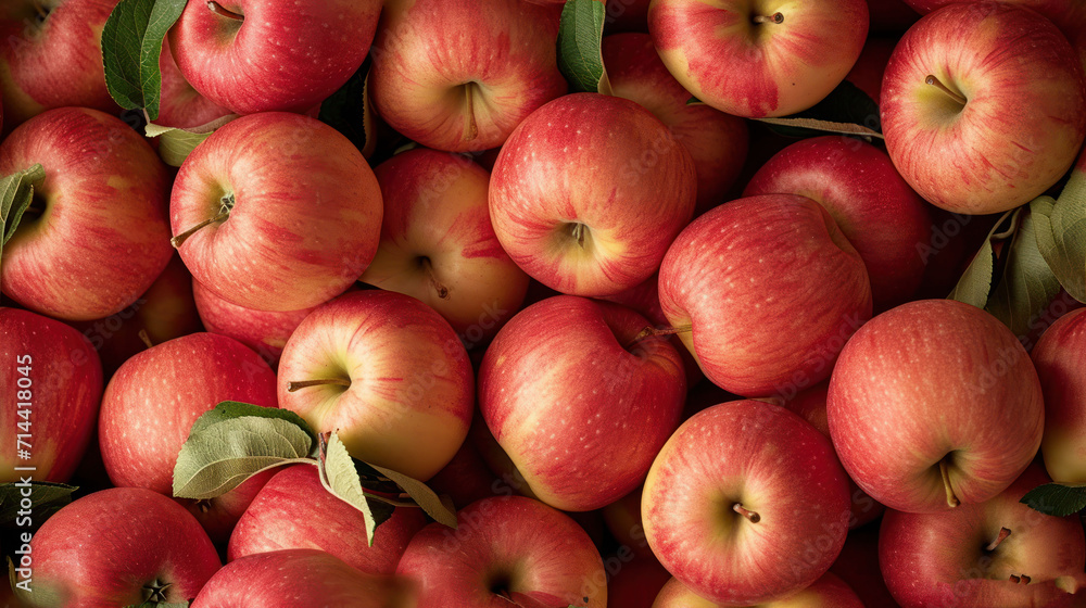 a large pile of red apples with green leaves on top of one of the apples is full of red apples with green leaves on the other side of the apples. a large pile of red apples with green leaves on top of one of the apples is full of red apples with green leaves on the other side of the apples.