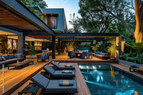 a lavish side outside garden at morning, with a teak hardwood deck and a black pergola. Scene in the evening with couches and lounge chairs by the pool © Kien