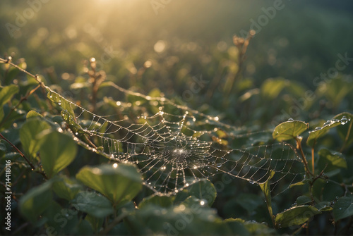 The fleeting moment of a spiderweb adorned with morning dew before it evaporates