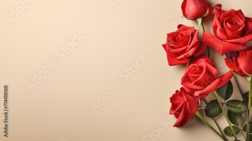 Red roses on beige paper background with copy space postcard. St. Valentine s day poster. AI Generated 