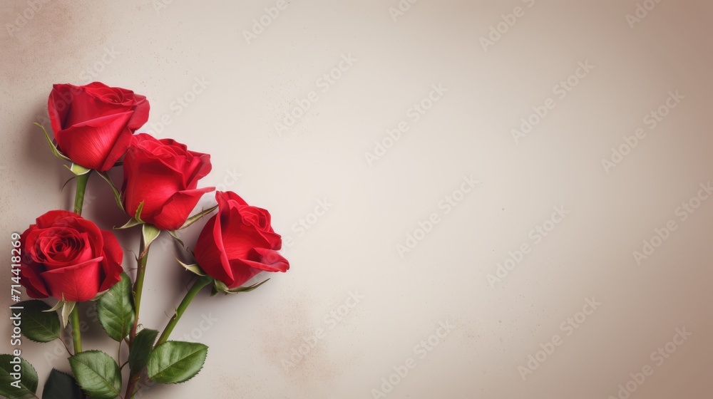 Red roses on beige paper background with copy space postcard. St. Valentine's day poster. AI Generated 
