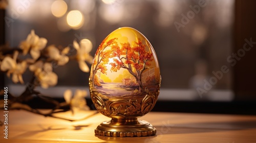 Easter egg on table. Beautiful traditional painted egg with yellow and brown autumn trees. Faberge style. AI Generated 