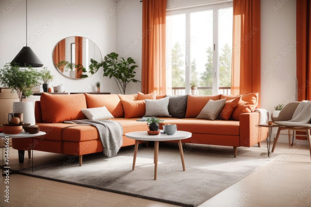 Scandinavian interior home design of modern living room with orange sofa and round wooden table with home furniture Scandinavian interior home design of modern living room with orange sofa and round wooden table with home furniture