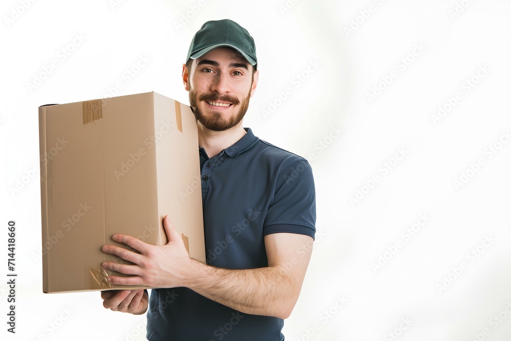 Delivery man delivering a package isolated on white background. generative AI Delivery man delivering a package isolated on white background. generative AI