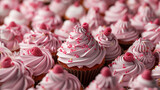  a close up of a bunch of cupcakes with white frosting and pink sprinkles and a strawberry on top of one of the cupcakes.