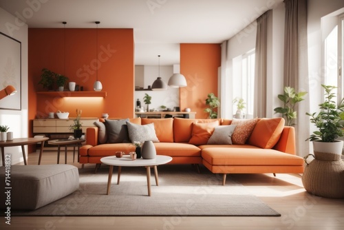 Scandinavian interior home design of modern living room with orange sofa and round wooden table with home furniture