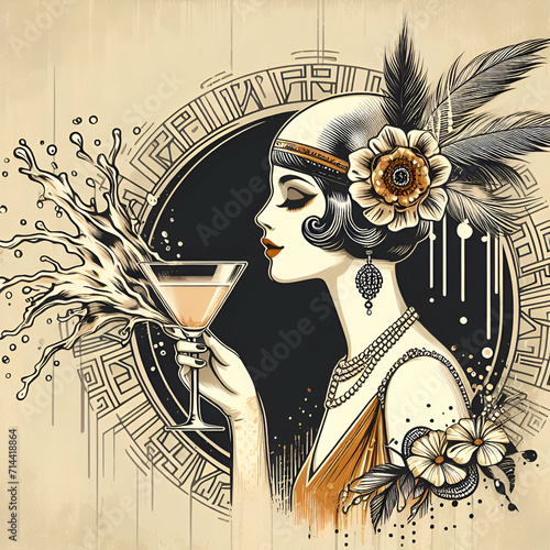 Flapper girl holding cocktail glass with splash. Art deco, 1920 s style vintage invitation template design for drink list, bar menu, glamour event, wedding, jazz party flyer. Vector art. photo