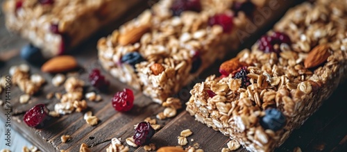 Close-up of nutritious granola bars with nuts and dried berries. © 2rogan