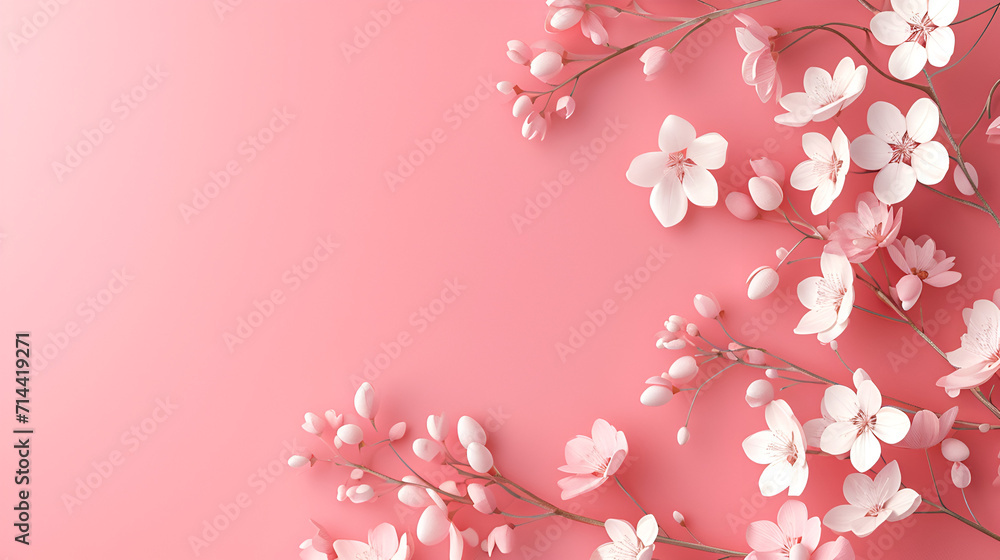 pink background with white flower with copy space, valentines day, women's day, mothers day, banner