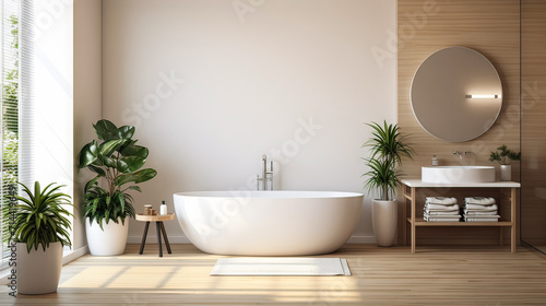 Interior of modern bathroom with white bathtub