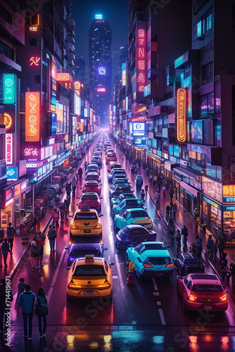 A photo of night city avenue neon lights Generative AI