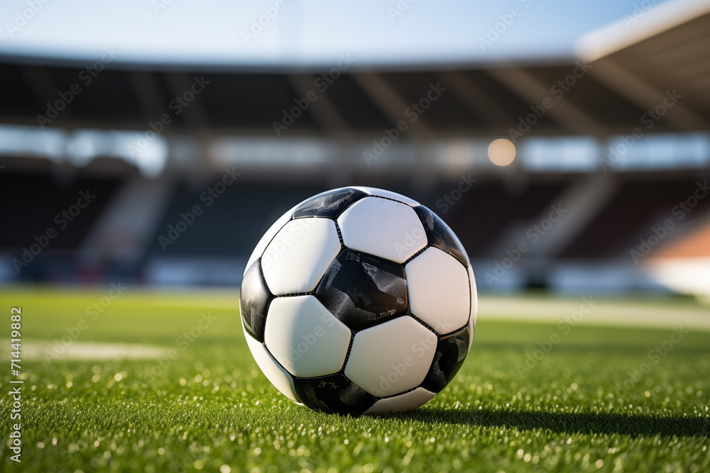 Ball on the green field in soccer stadium. soccer ball close-up. Generated AI