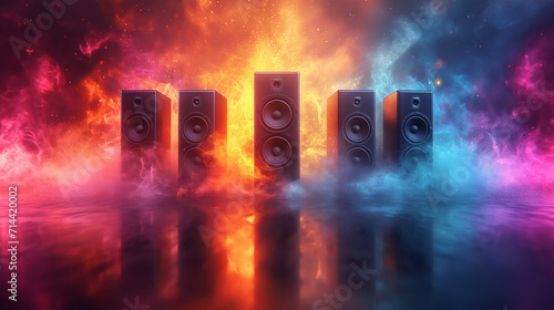 Music sounds speaker system on colorful bokeh background