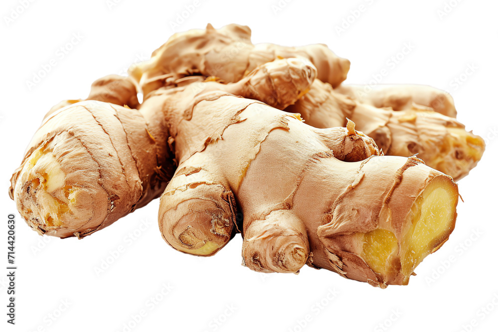 Isolated fresh ginger, a healthy and organic spice root, on a white background with closeup details, perfect for cooking and adding natural flavor to cuisine