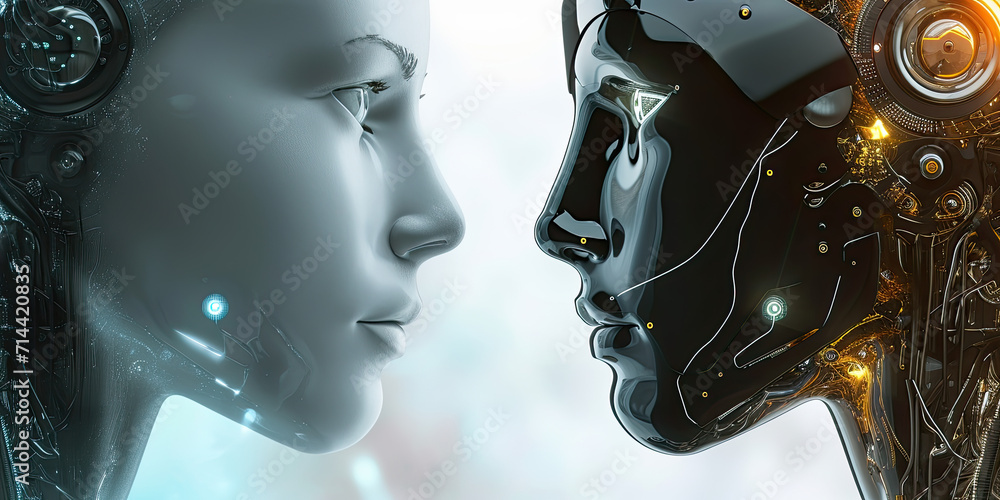 AI artificial intelligence robot head shot face with human head side profile, futuristic integration, generated ai AI artificial intelligence robot head shot face with human head side profile, futuristic integration, generated ai