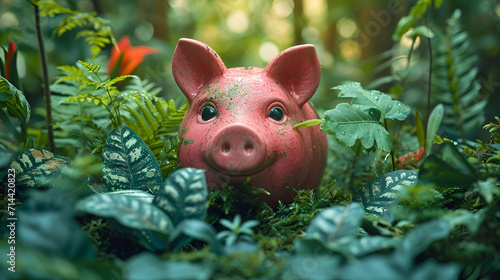 Piggy Bank Among Green Foliage: Savings in Bloom
