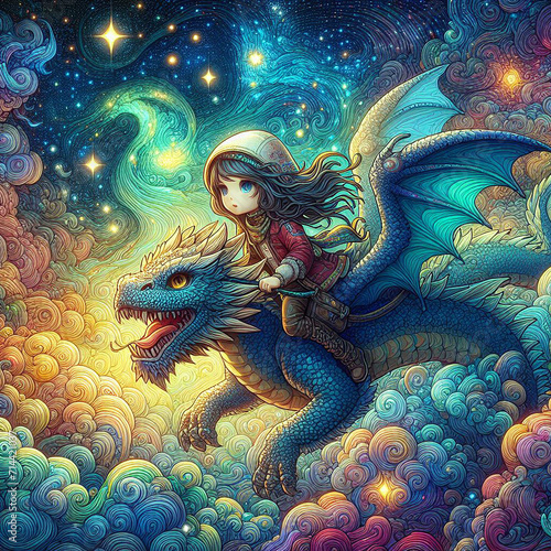 Ultra-detailed digital art girl riding a dragon © Dristi