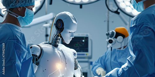 Doctor robot surgery room, robot assistant, future health care, operating room bot, generated ai photo