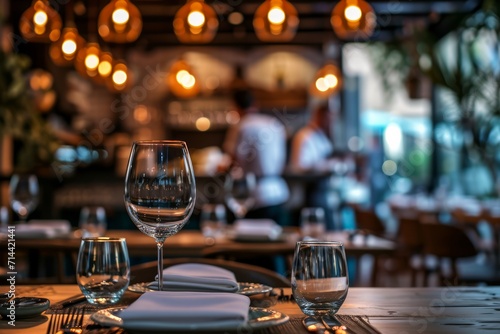 Elegant restaurant setting with blurred background of chefs and diners photo