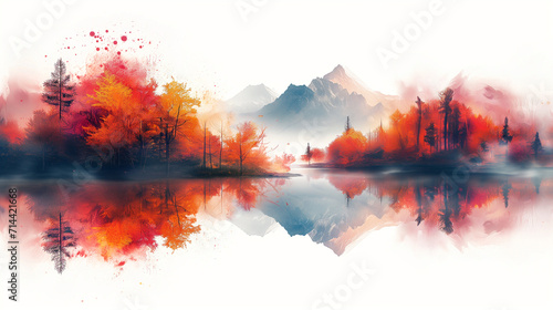 A beautiful fantasy landscape on a white background. Mountains, trees, fog. Watercolor painting. Abstract intricate splashes of paint on a white background. Generative AI.