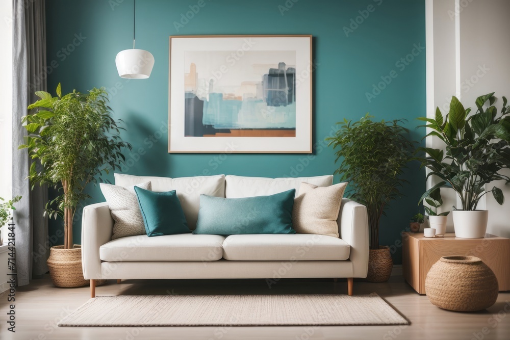 Scandinavian interior home design of modern living room with wooden sofa and table with potted plants, blue wall Scandinavian interior home design of modern living room with wooden sofa and table with potted plants, blue wall