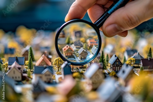 Hand using a magnifying glass to inspect miniature houses photo