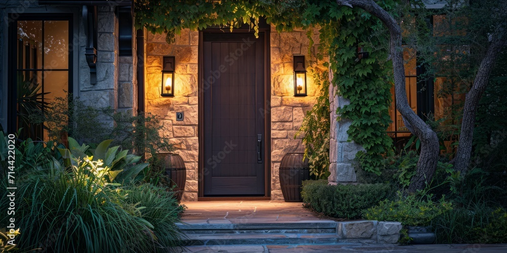 Elegant house entrance with warm lighting and natural greenery Elegant house entrance with warm lighting and natural greenery