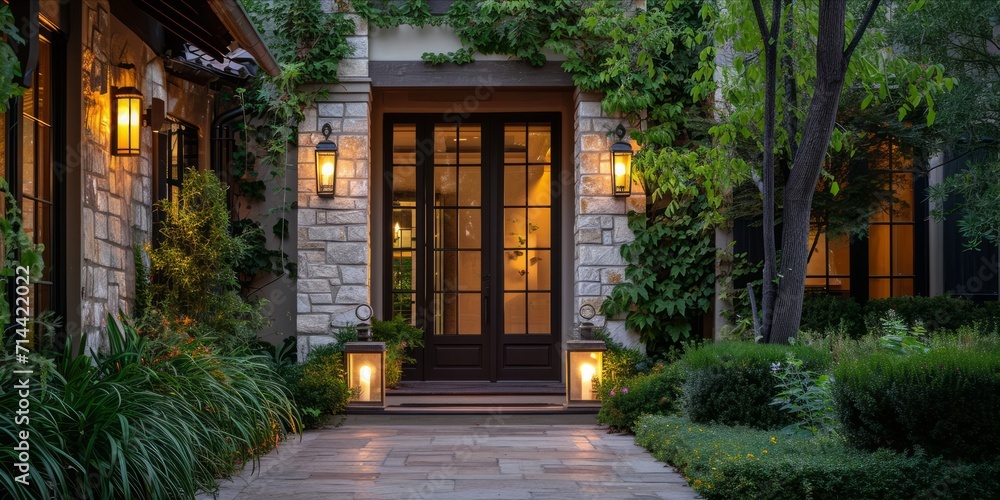 Elegant house entrance with warm lighting and natural greenery