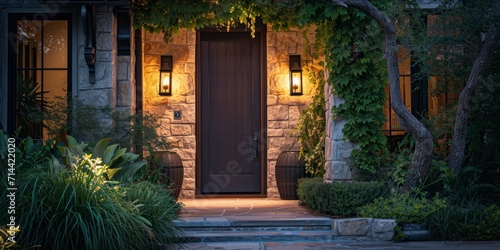 Elegant house entrance with warm lighting and natural greenery