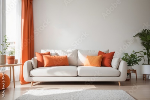 Scandinavian interior home design of modern living room with beige sofa with orange pillows with window and orange curtains