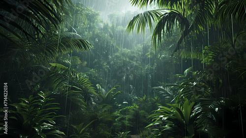 A lush rainforest teeming with life during a rainy season photo