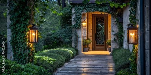 Elegant house entrance with warm lighting and natural greenery